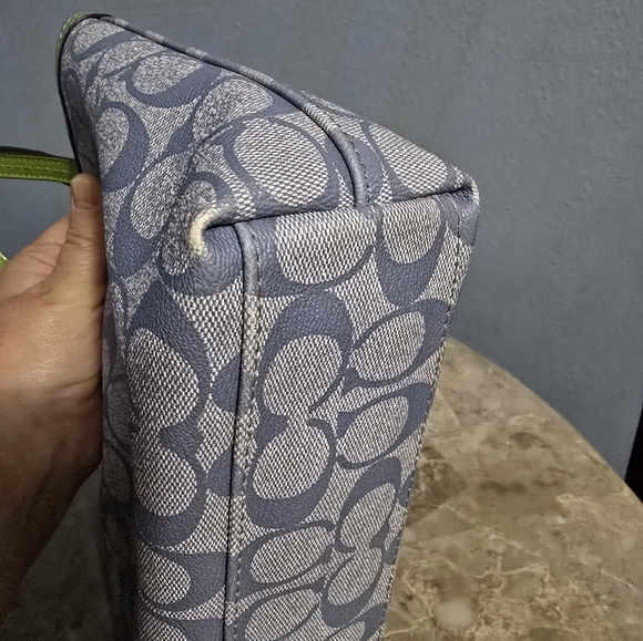 Coach Signature C Blue w/ Green & White Stripe Coated Canvas Small Satchel - Picture 3 of 11